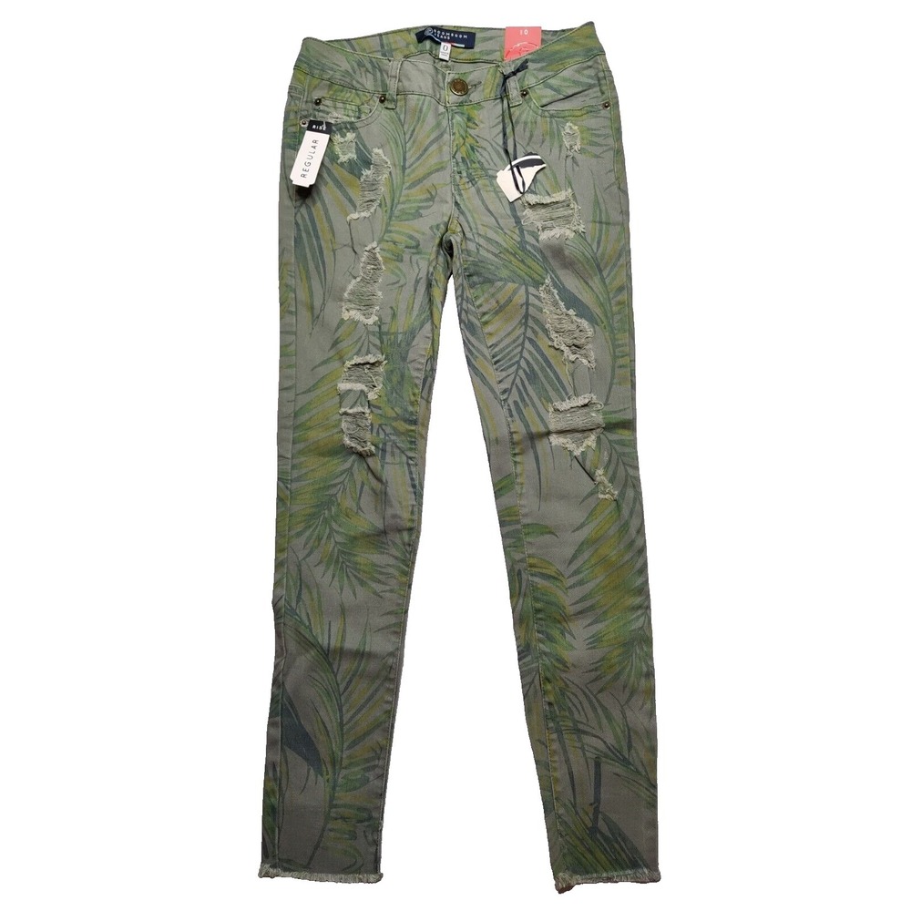 Boom Boom Skinny Jean Women 0 (25" Inseam) Tropical Print Raw Hem Distressed NEW